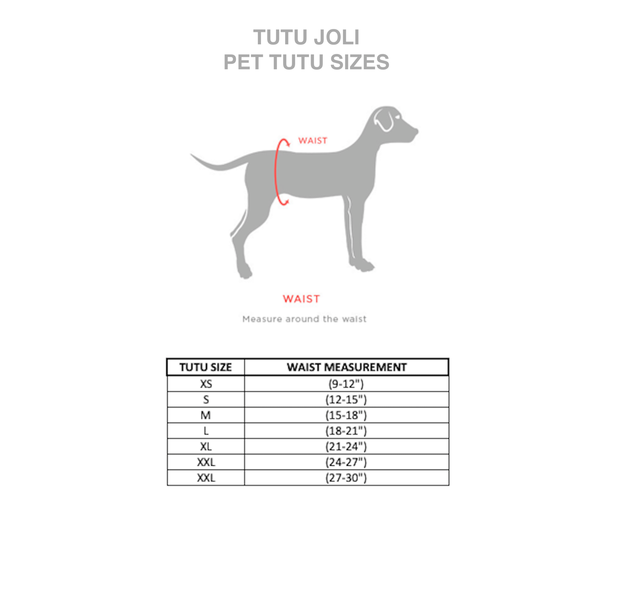 Dog size measurements, tutu joli, pet sizing, pet sizes for tutus, pet outfit measure, how to measure a  dog for a christmas tutu costume