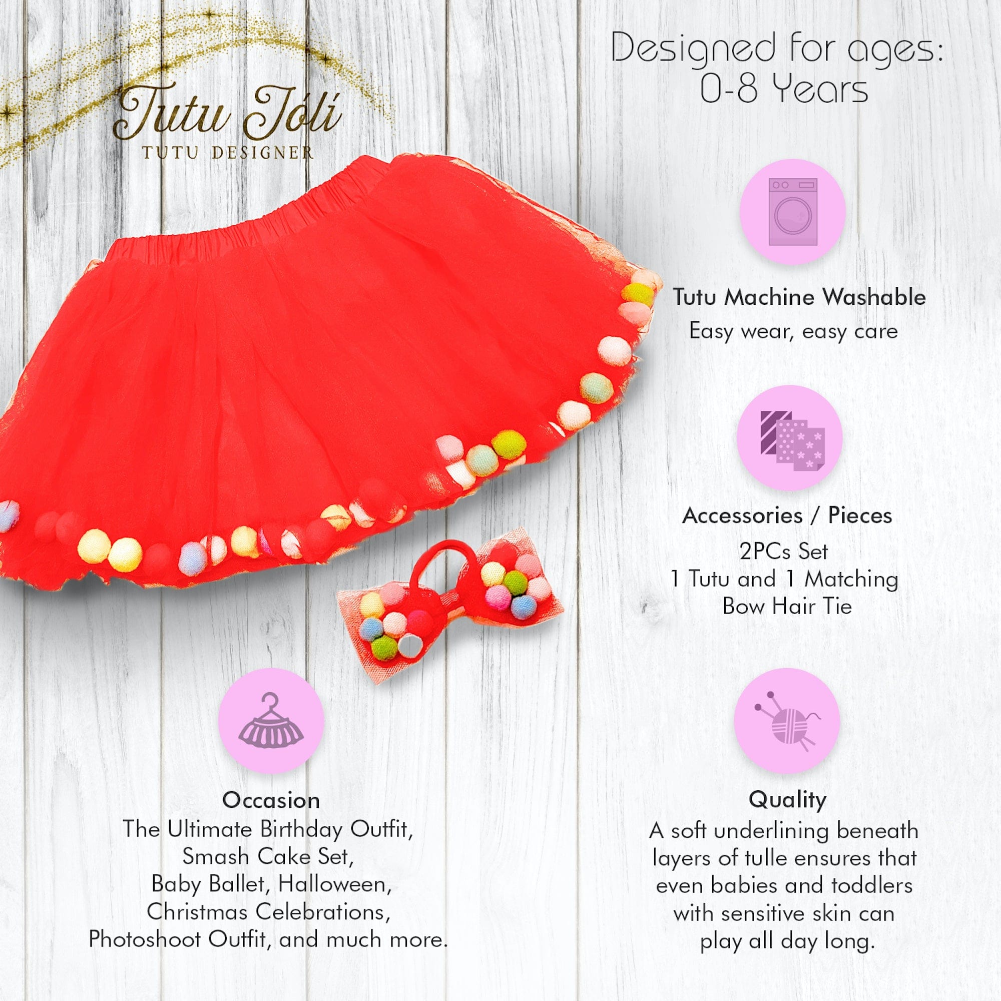 Red Tutu For Girls | Pom Pom Tutu and Bow Hair Tie | 2Pcs Set | Christmas Skirt For Girls