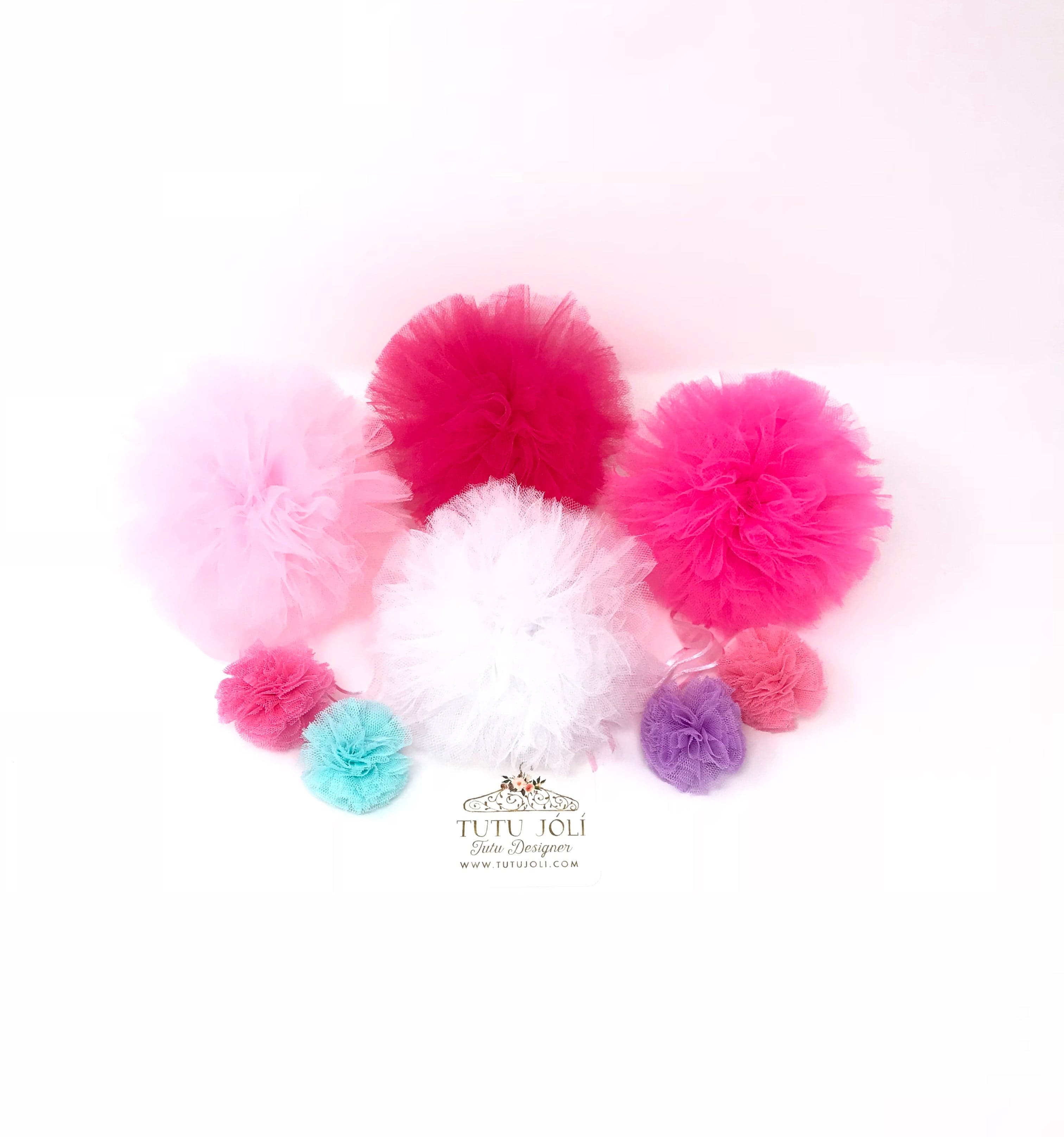 fluffed pom pom balls, large pom pom balls, pom pom pouf, tulle pouf, pompom balls for decorations, birthday pom pom accessory, birthday party pom poms, white pom poms, pink pom poms, medium size pom poms, wedding pom poms, large fluffed poms, pompoms, tutu joli, neon pom poms,