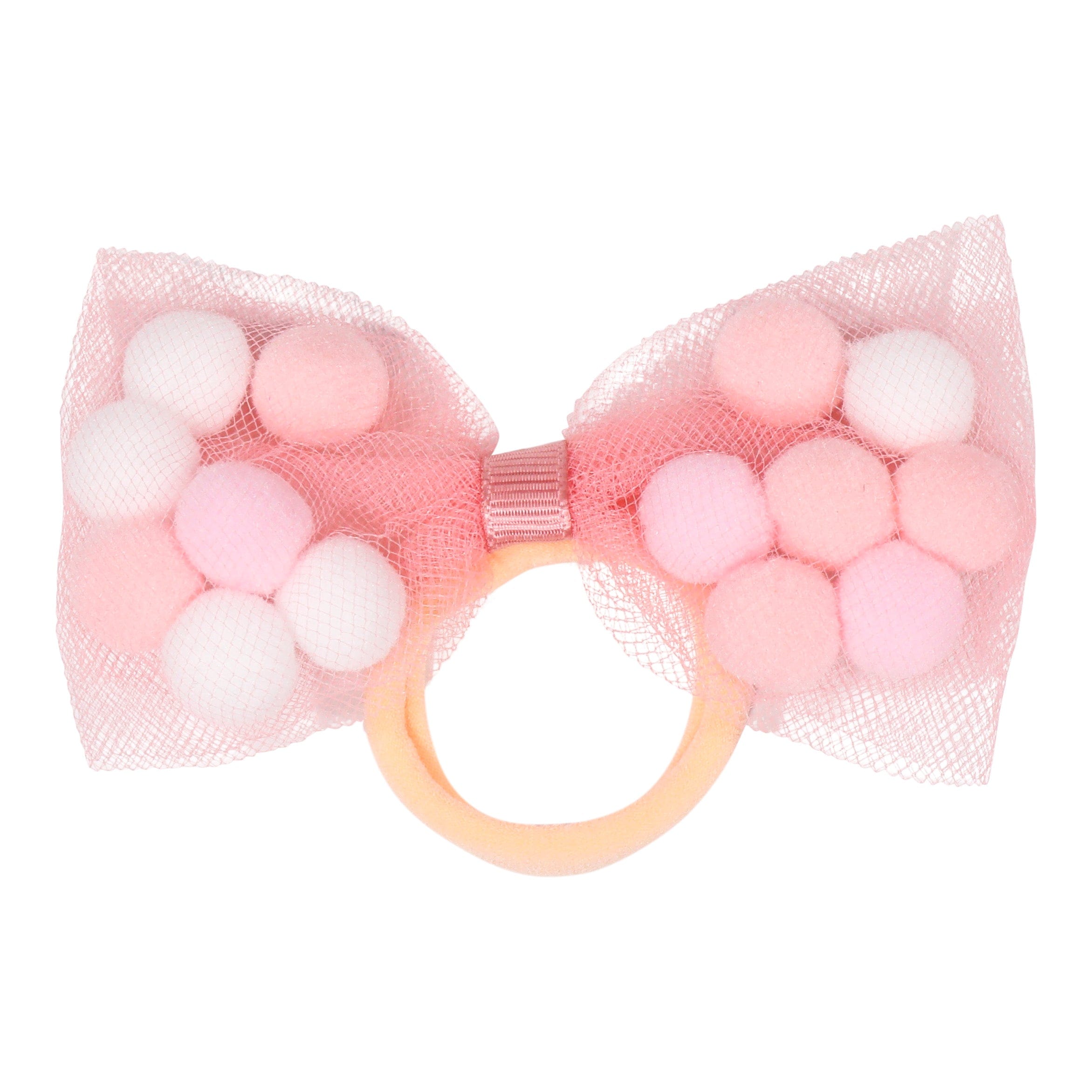 pom pom hair tie bow for children, tutu joli light pink pom pom bow, pom pom tutu rose pink, dusty pink pom pom hair bow, pom pom bow ponytail holder in rose pink, pom pom hair accessories, white and pink pom pom balls tulle bow, pompoms, rose pink hair bow, vintage style hair ties, pigtail holders in white pink with pom pom balls. designer hair ties for girls. tutu joli hair accessories