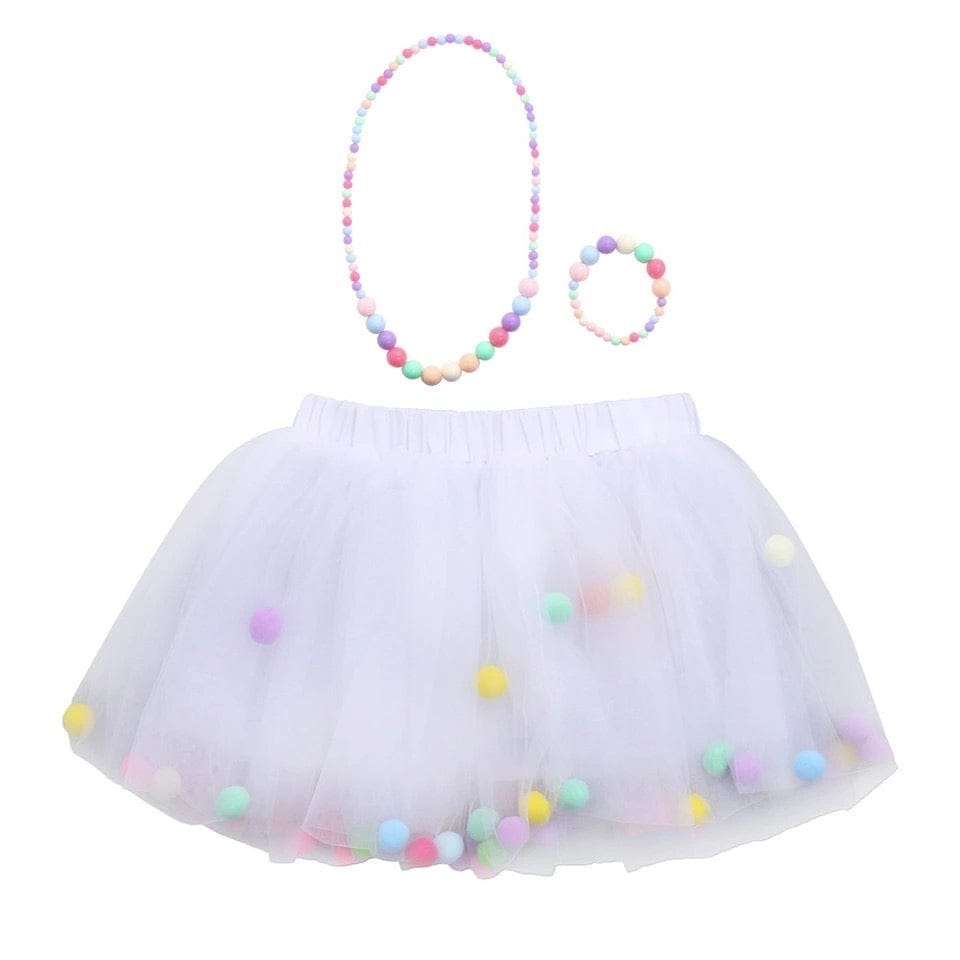 white pom pom tutu, birthday gift for girls, tutu skirt, white skirt toddler, kids tutu, cake smash outfit, birthday outfit for girls, first birthday set, baby tutu, pom pom skirt, pom pom necklace and bracelet, pom pom accessory