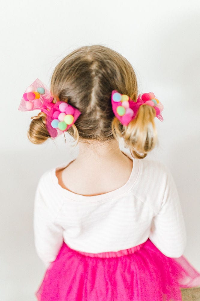 Bow Hair Ties For Girls With Pom Poms | 4Inch Bow | Gifts For Girls Ages 0-12