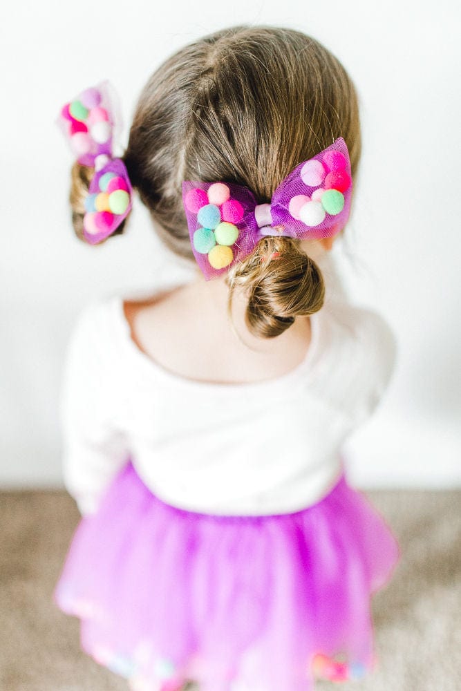 Bow Hair Ties For Girls With Pom Poms | 4Inch Bow | Gifts For Girls Ages 0-12