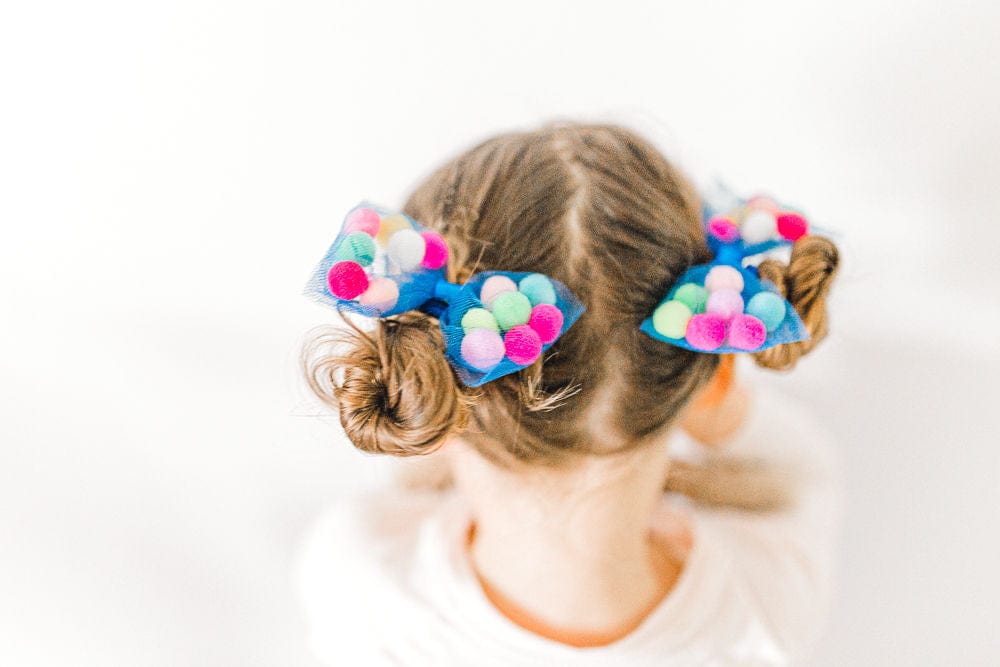 Bow Hair Ties For Girls With Pom Poms | 4Inch Bow | Gifts For Girls Ages 0-12