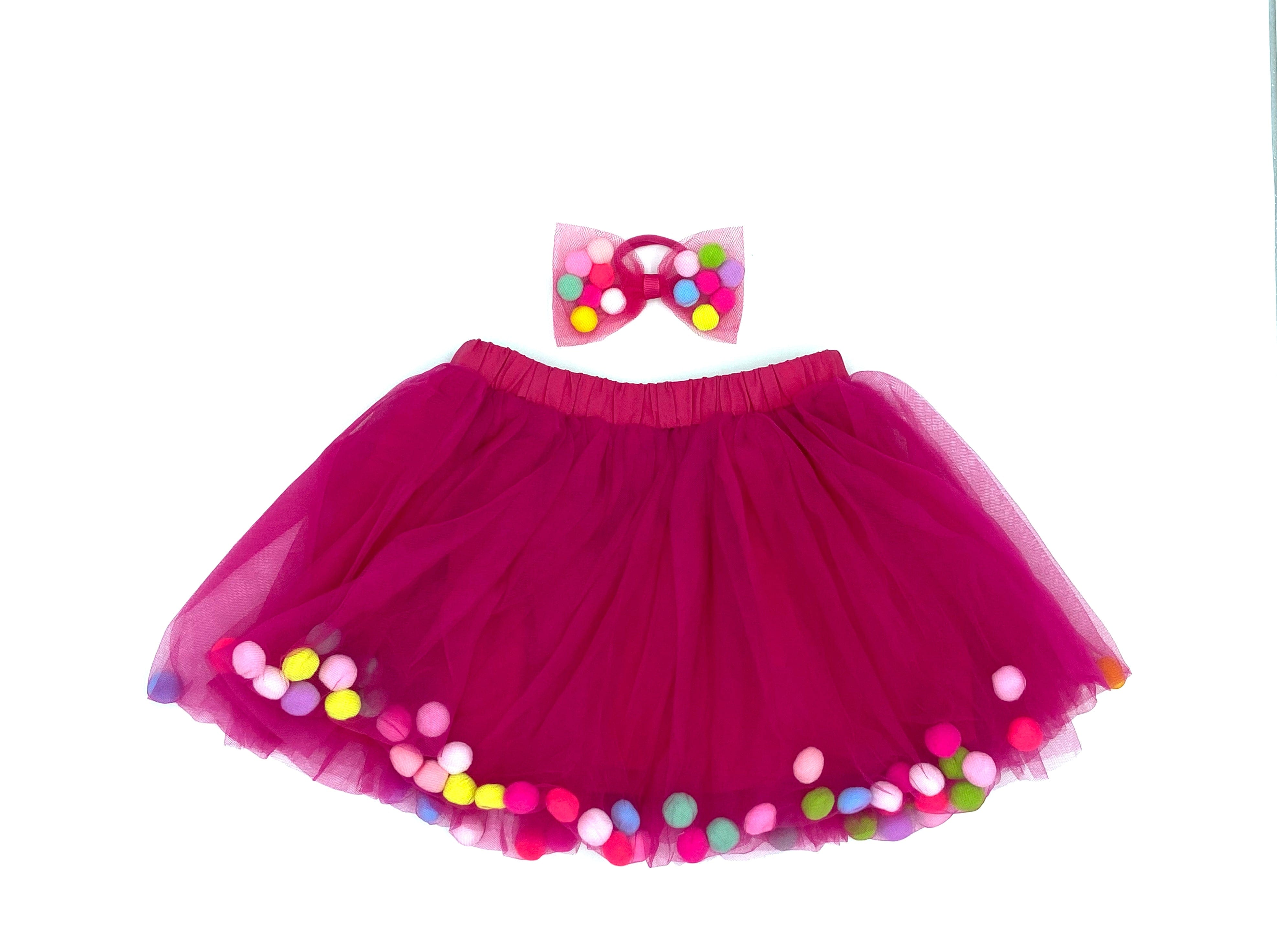 Kids Pom Pom Tutus with Bow Hair Tie | 2Pcs Set