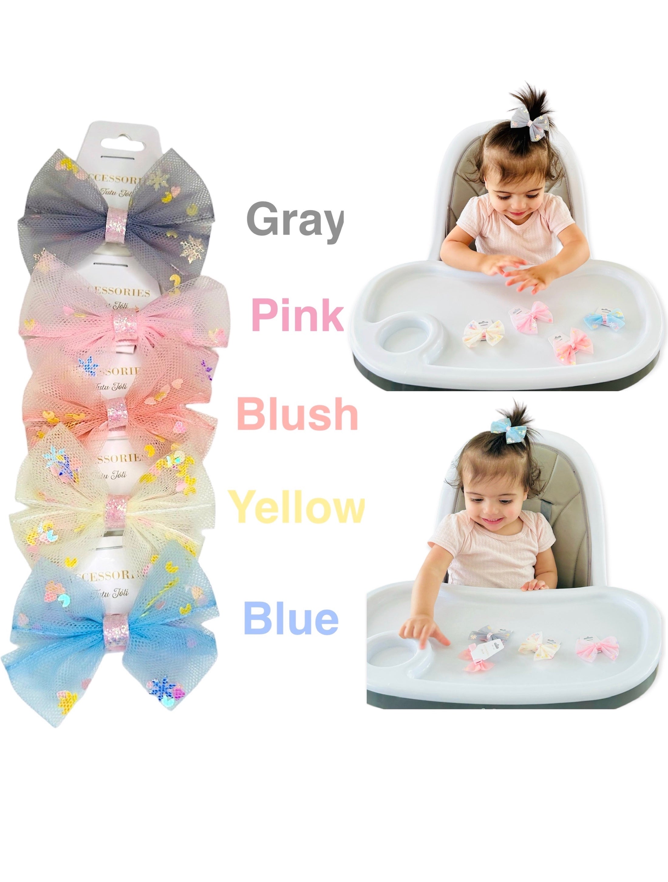baby bows. toddler bows. toddler hair bows. baby hair clips. baby clips. pink bow clip. gray bow clip. blue bow clip. yellow bow clip. blush bow clip. baby hair accessory. bow hair clip for girls. tutu joli bows. tulle bow clips
