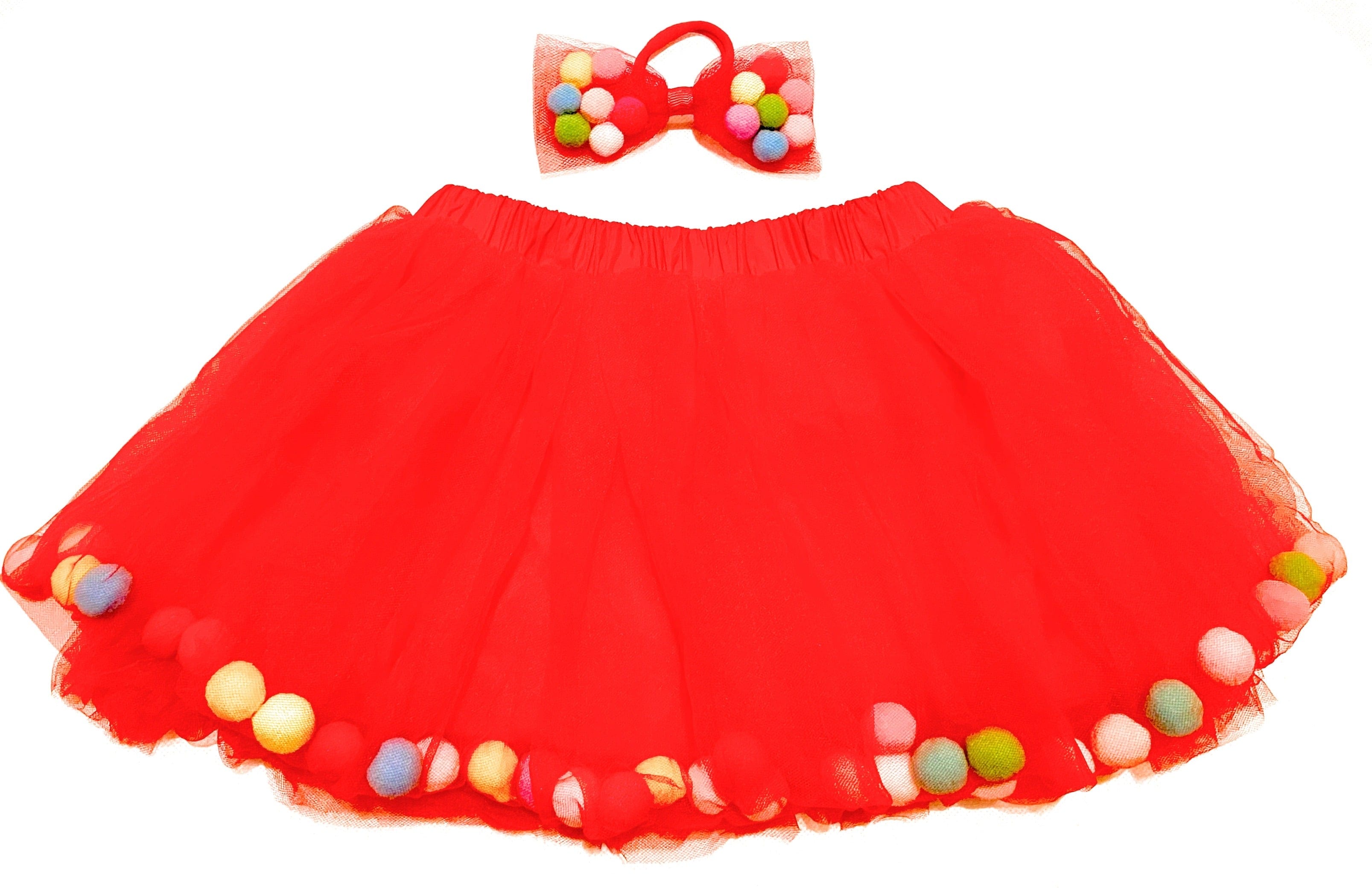 Kids Pom Pom Tutus with Bow Hair Tie | 2Pcs Set