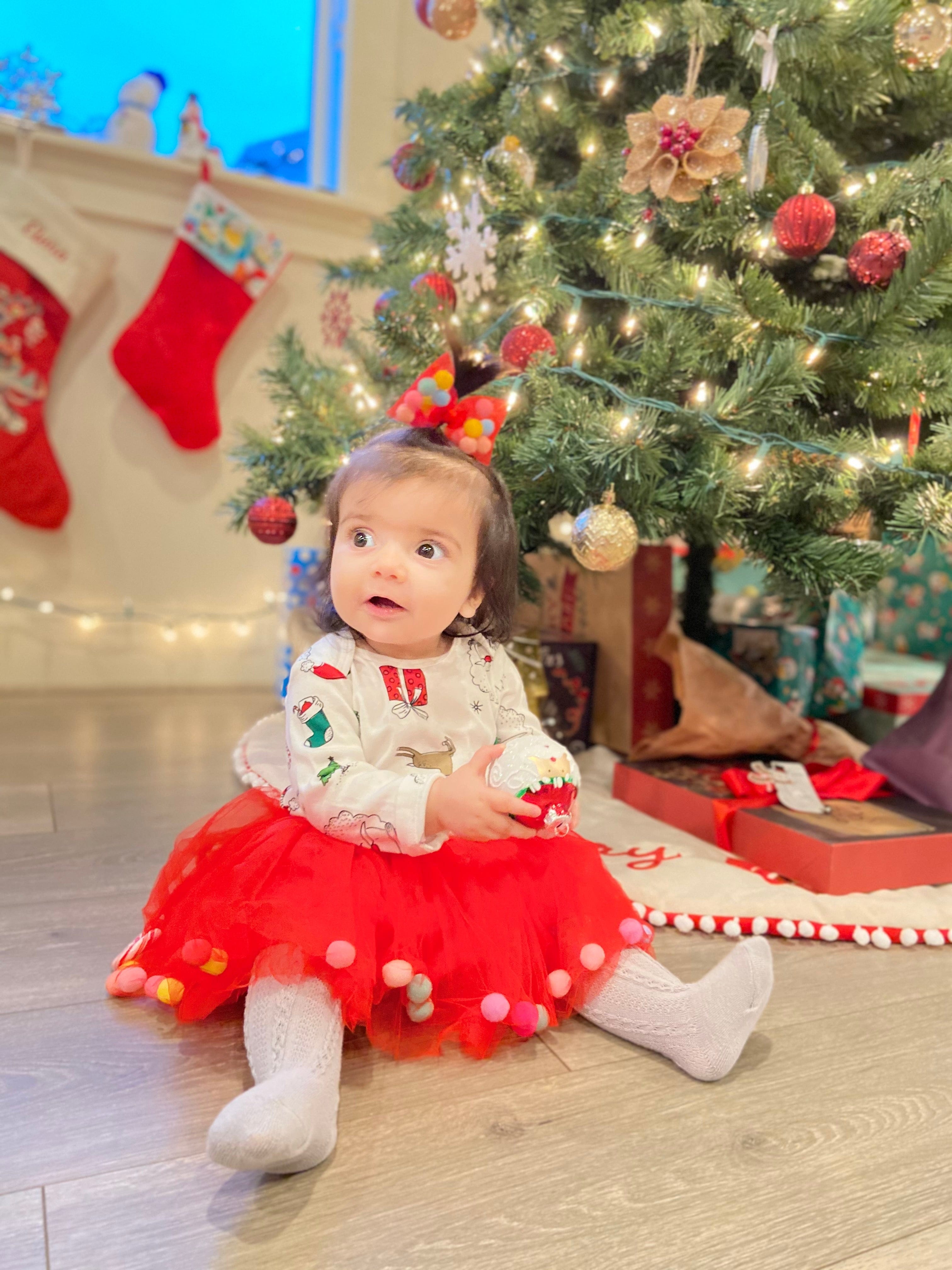 Red Tutu For Girls | Pom Pom Tutu and Bow Hair Tie | 2Pcs Set | Christmas Skirt For Girls