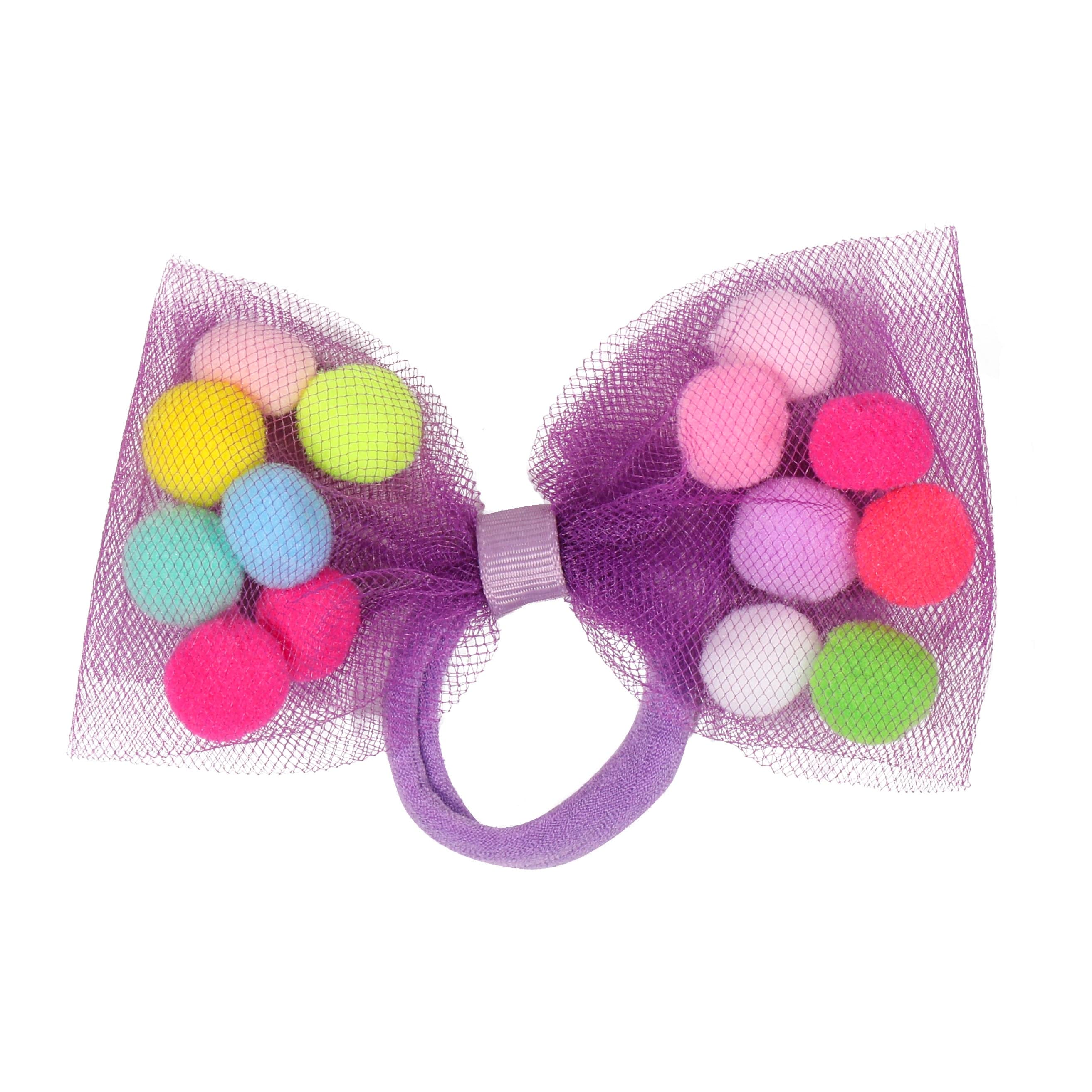 Bow Hair Ties For Girls With Pom Poms | 4Inch Bow | Gifts For Girls Ages 0-12