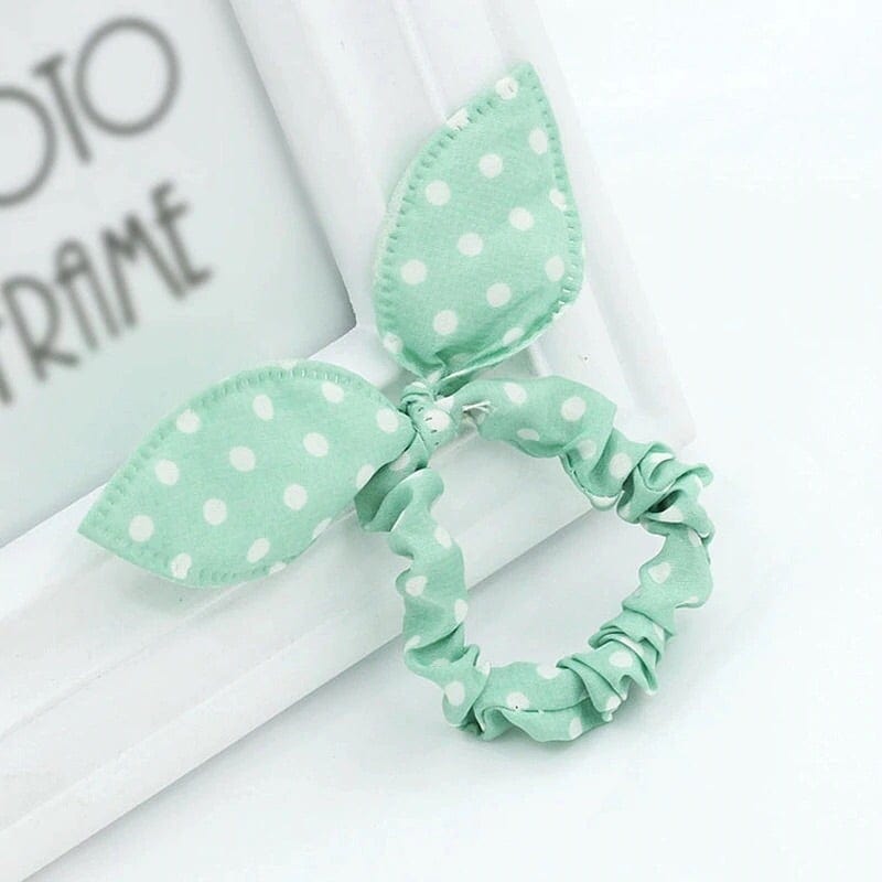 Bunny ear hair ties, dotted hair accessories, woman's hair ties, kids hair ties, children accessories, hair accessories for kids, pink hair ties, blue hair ties, pig tail holders, ponytail holders, bunny hair tie, bunny ears, tutu joli, green hair tie, dots hair tie, 90's hair ties, 80's hair ties, scrunchies, green scrunchies