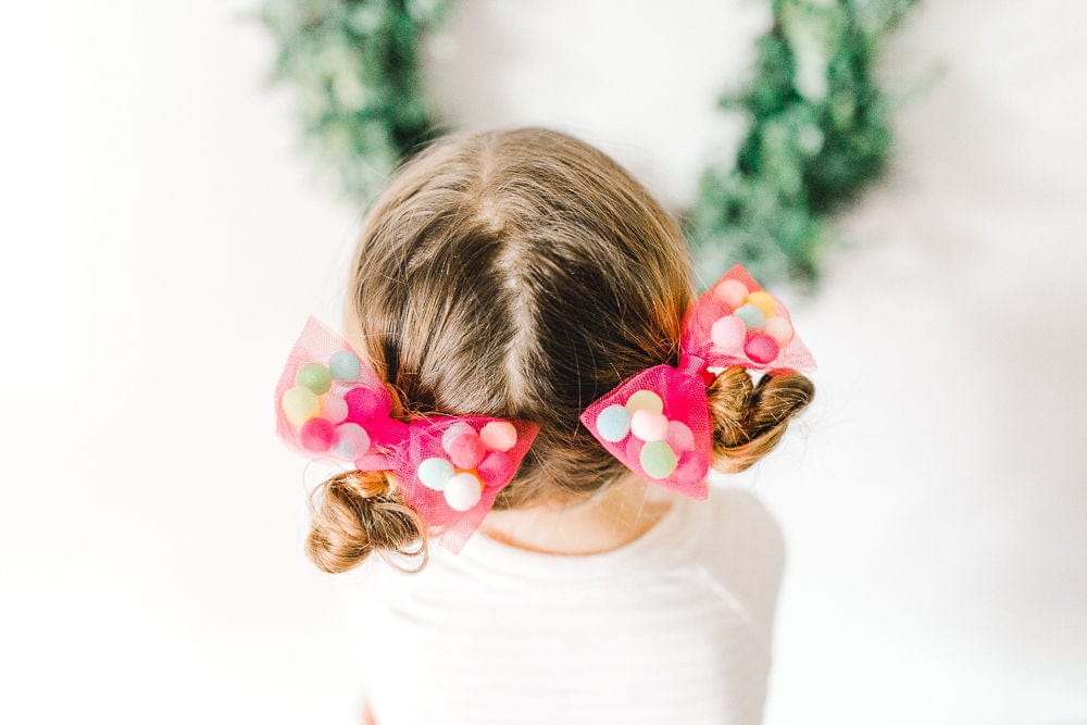 Bow Hair Ties For Girls With Pom Poms | 4Inch Bow - 2Pcs Set | Gifts For Girls Ages 0-12